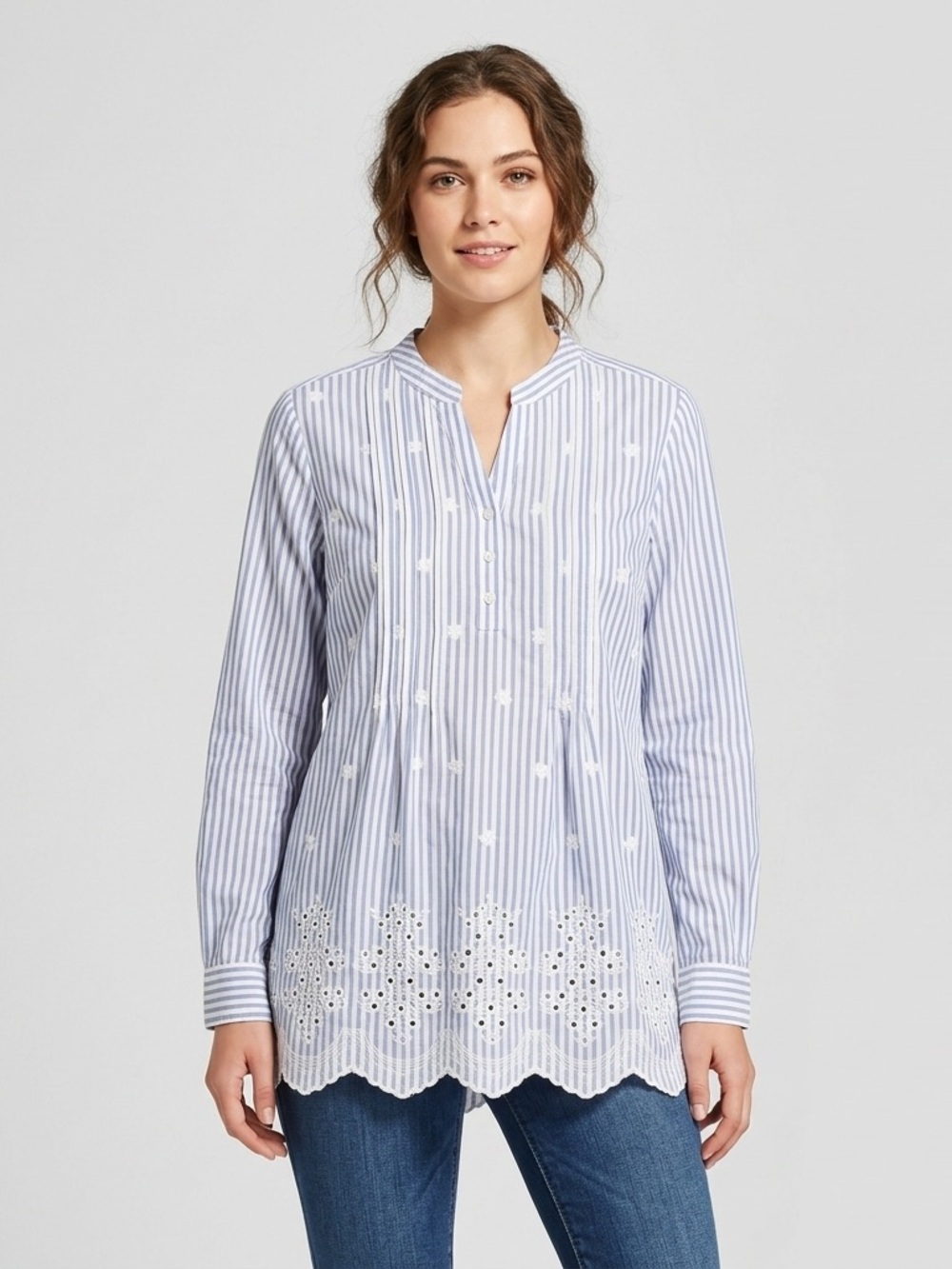 Striped Blue Embroidered Long-Sleeve Tunic Blouse Size Large